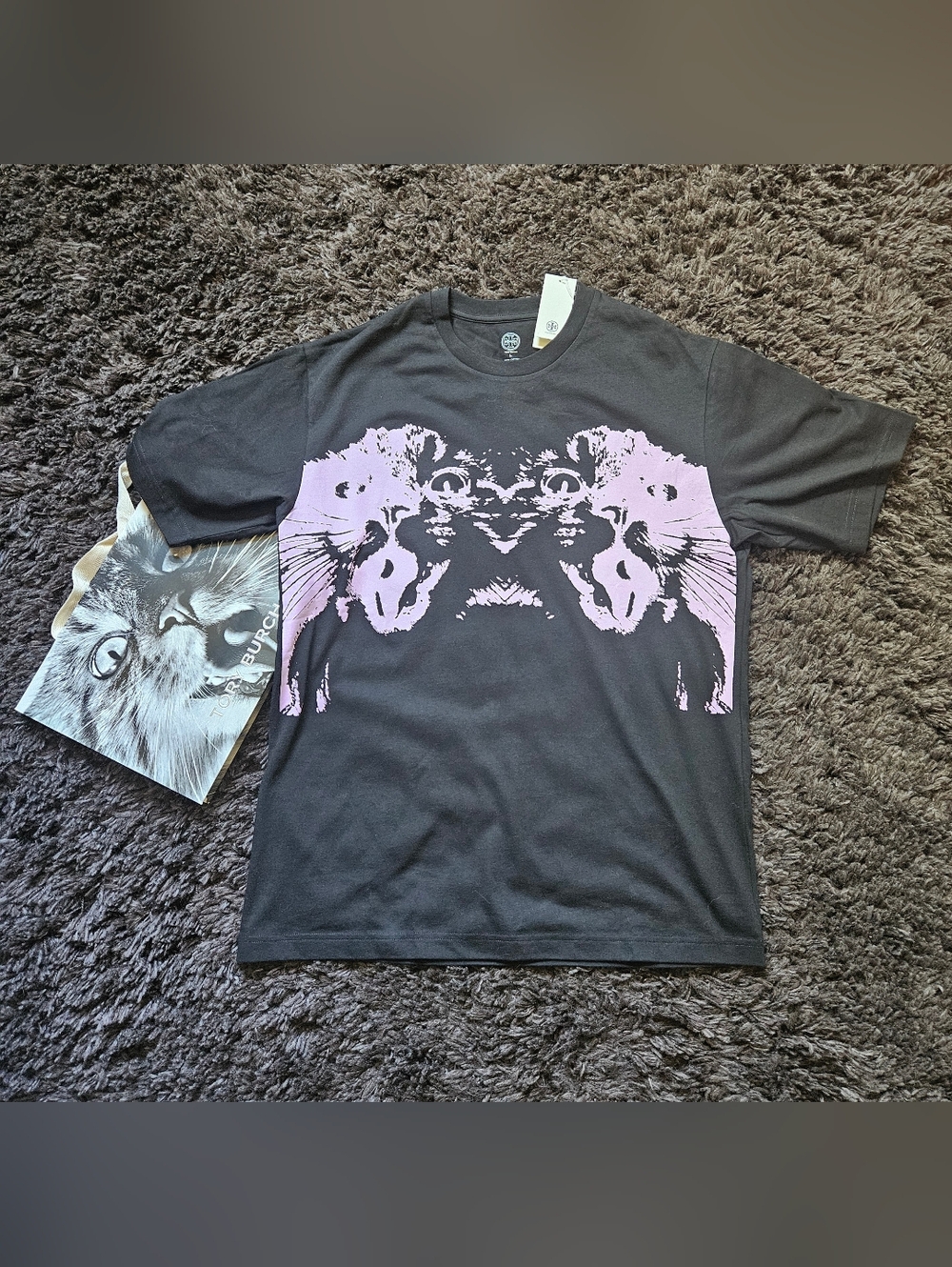 Tory Burch RARE nwt mirrored kitty cat black art t shirt large cat shopping Bag